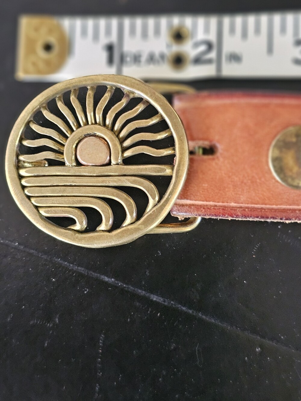 Vintage 70s Solid Brass Sun & Waves Belt Buckle Raw Tan Leather Belt Boho 32"